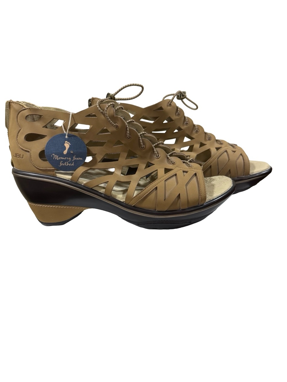 JBU Tan Laser-Cut Lace-Up Wedge Sandals with Dark Contrast Sole
